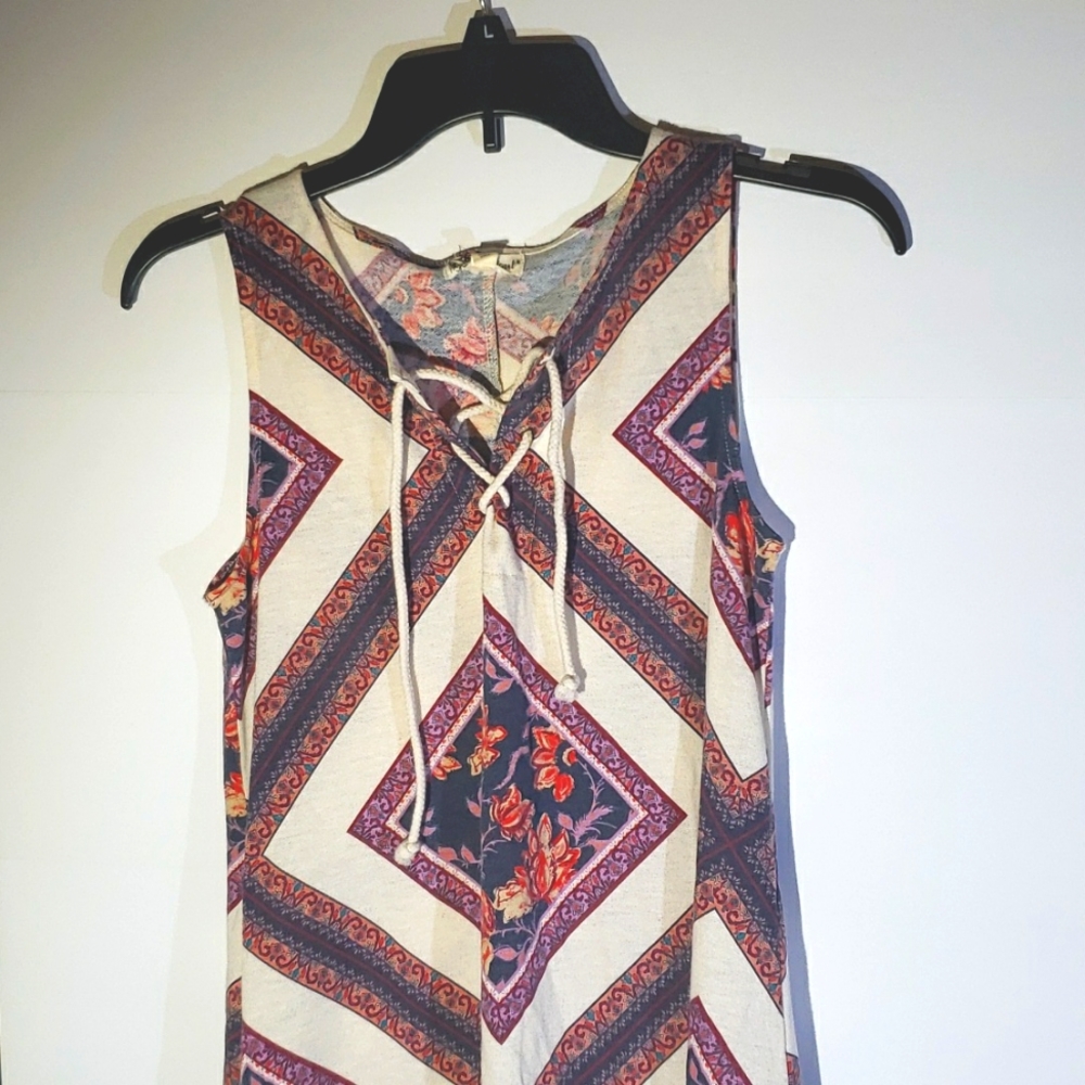 About a Girl dress, women's S, white and purple floral/geometric pattern.